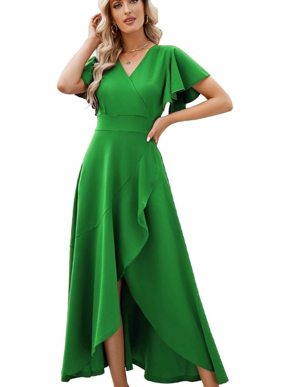 Women's Green Gowns Evening V Neck Ruffle Skirts Maxi Wedding Guest Dresses
